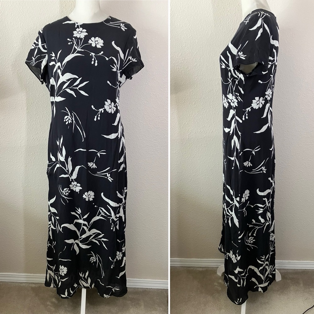 SAKS FIFTH AVE Vintage Silk Column Dress 8 Hawaiian Tropical 80s Black Luau Tiki - Picture 11 of 11